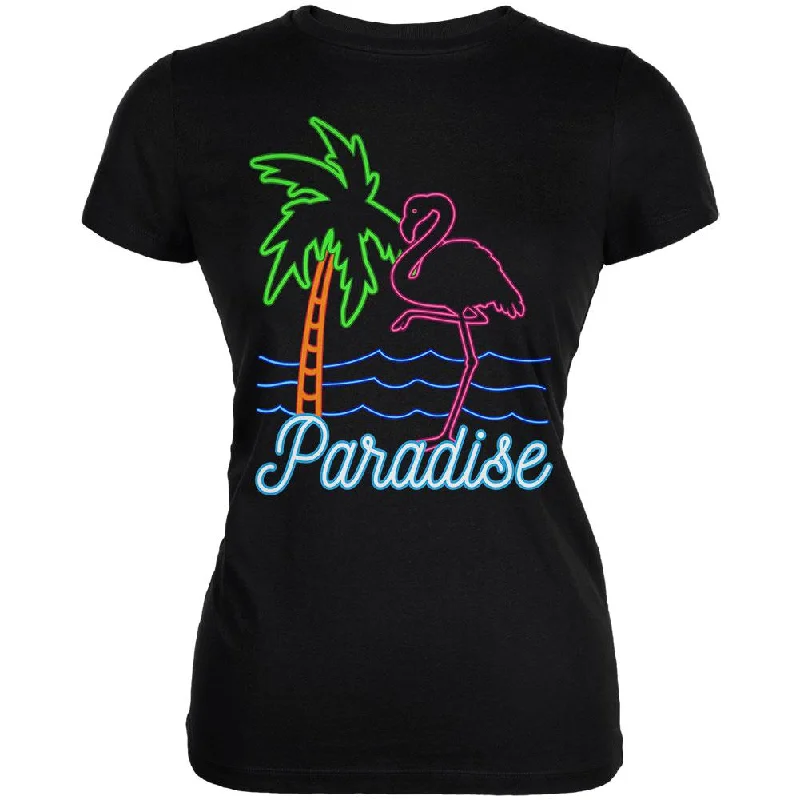 Blended Fabric T-ShirtsRetro 80s Neon Sign Flamingo Paradise Juniors Soft T Shirt