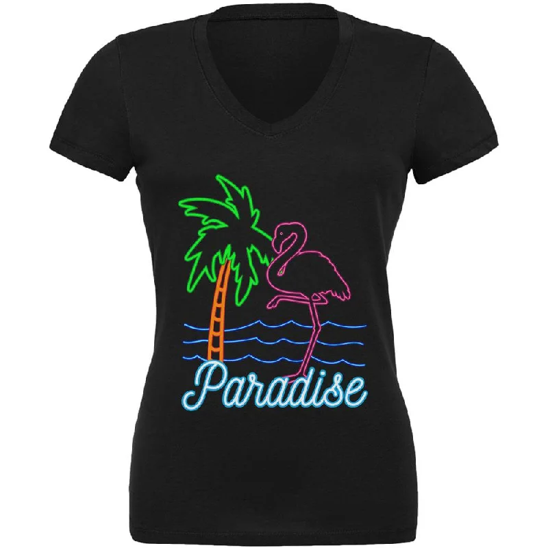 Jersey T-ShirtsRetro 80s Neon Sign Flamingo Paradise Juniors V-Neck T Shirt