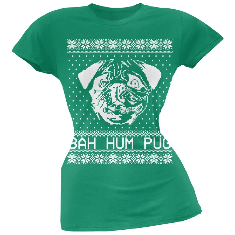 Designer T-ShirtsBah Hum Pug Ugly Christmas Sweater Green Soft Juniors T-Shirt