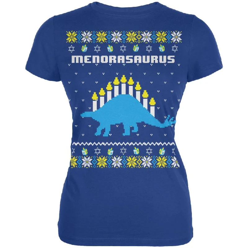 Leather-Paneled T-ShirtsHanukkah Ugly Sweater Menorasaurus Menorah Stegasaurus Juniors Soft T Shirt