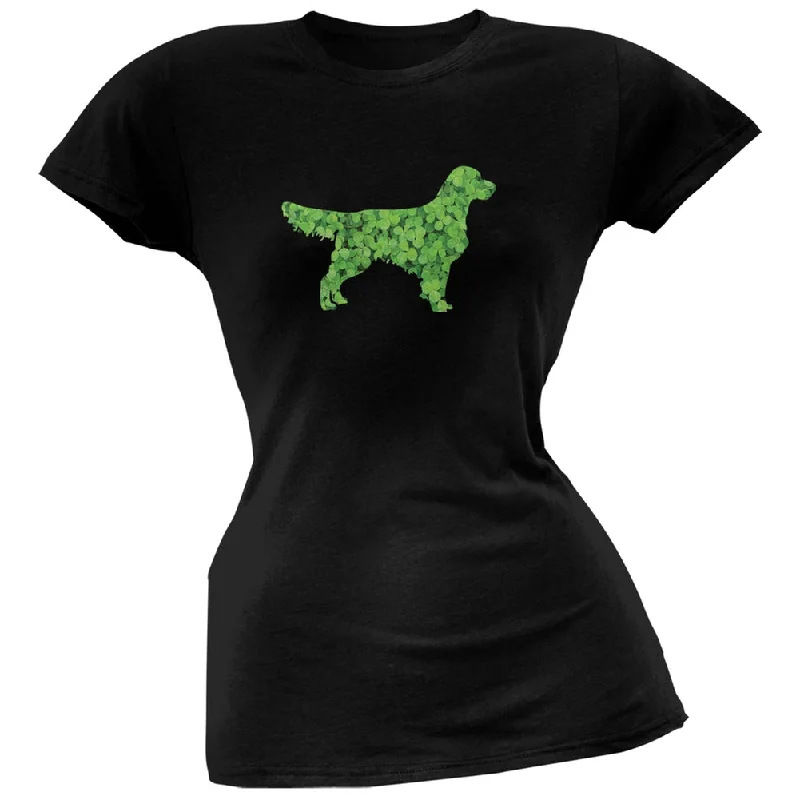 Linen T-ShirtsSt. Patricks Day - Golden Retrievers Shamrock Black Soft Juniors T-Shirt