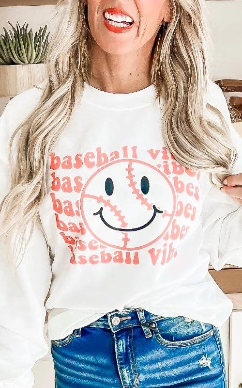 CrewneckplainBaseball Vibes White Graphic Crewneck Sweatshirt