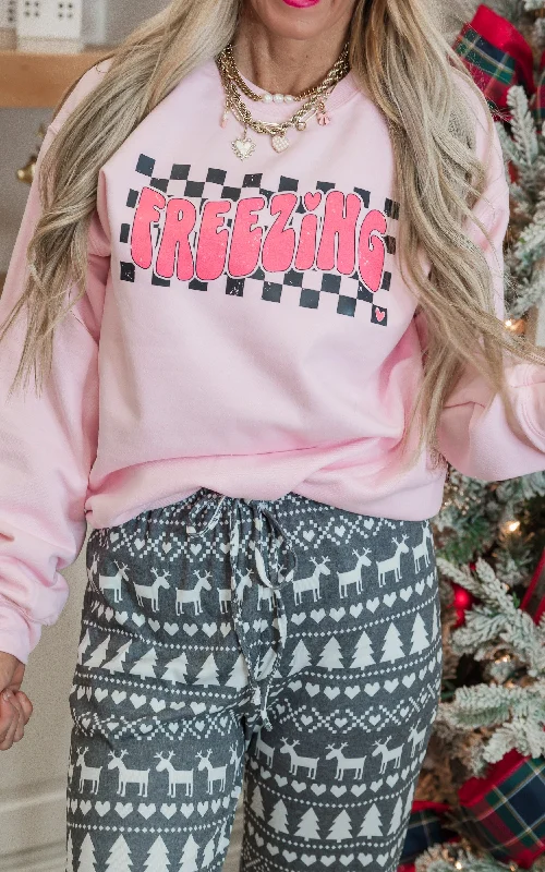 CrewneckfitFreezing Check'd Holiday Pink Graphic Crewneck Sweatshirt