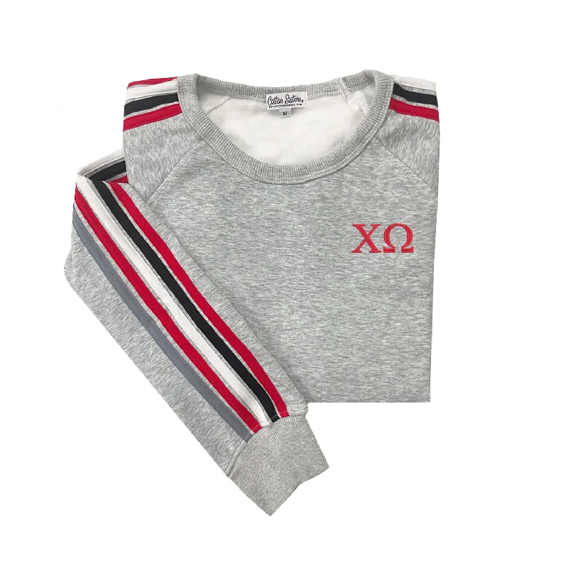 CrewneckgameChi Omega 5 Stripe Crewneck Sweatshirt