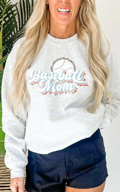 CrewneckfashionHeather Grey Leopard Baseball Mom Graphic Crewneck Sweatshirt