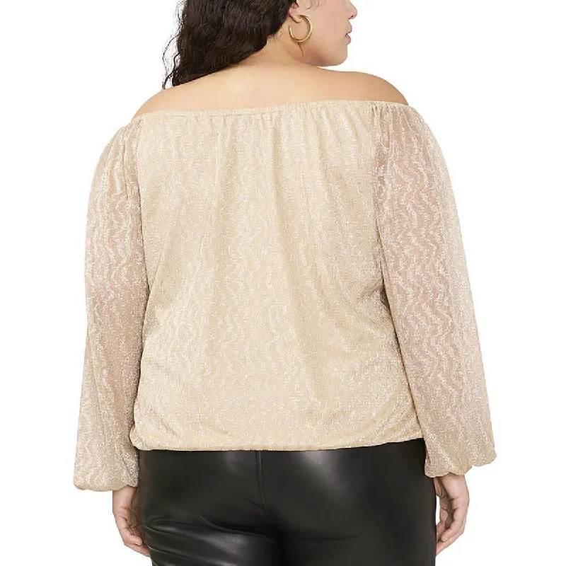 Plus Womens Metallic Off-The-Shoulder Blouse