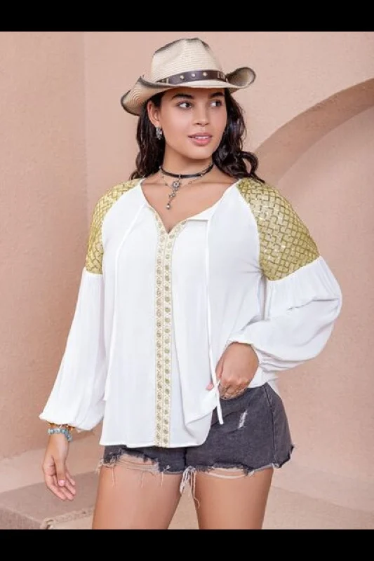 Plus Size Sequin Tie Neck Dropped Shoulder Blouse