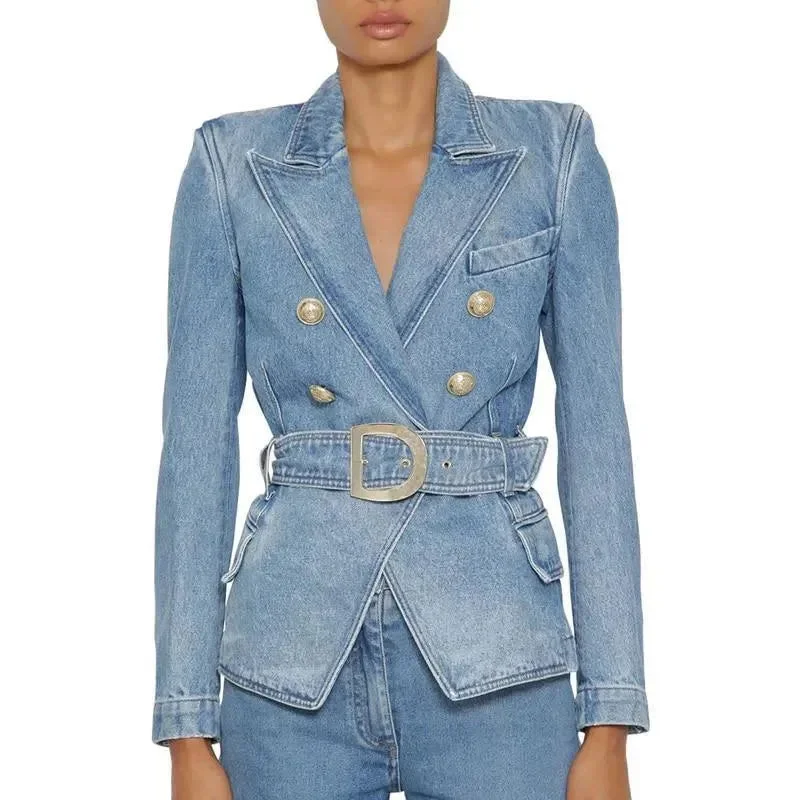 BlazercourtBelted Denim Blazer Women - Casual - Plain-Solid