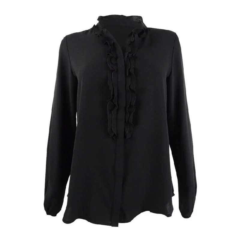 Camping ShirtsBar III Women’s Ruffle-Front Button-Up Blouse (XS, Black)