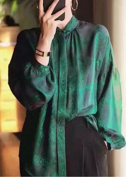 Tasseled ShirtsBeautiful Green Stand Collar Patchwork Jacquard Silk Blouses Fall