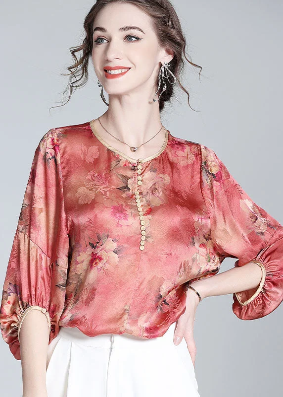 Formal ShirtsBoho Red O Neck Floral Print Silk Blouse Top Bracelet Sleeve