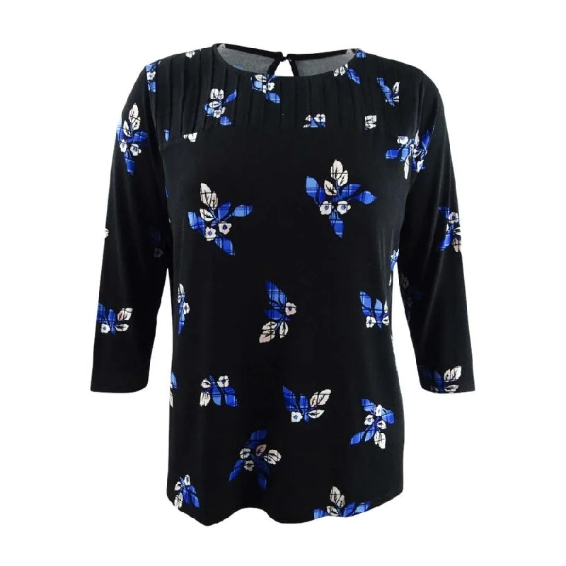 Denim ShirtsCharter Club Women's Floral Print Pleated Yoke Blouse (XXL, Deep Black Combo)