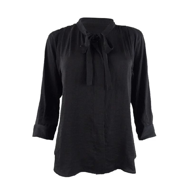 Ribbed Cuff ShirtsDKNY Women's Shiny Tie-Neck Button-Up Blouse