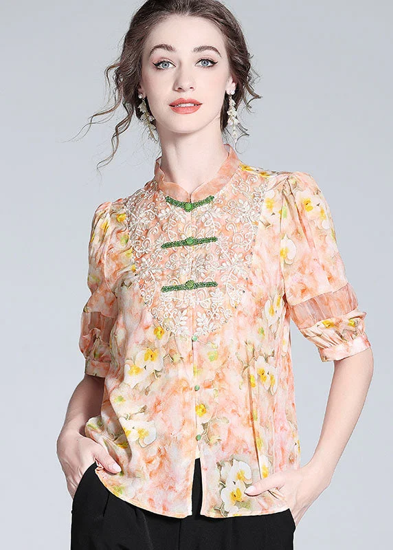 Pocket ShirtsFashion Pink Lace Embroidered Patchwork Silk Blouse Tops Spring