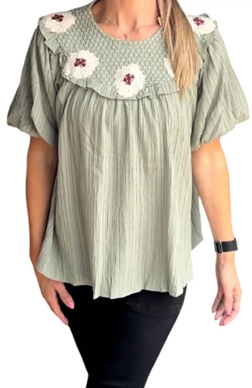 Organic Cotton ShirtsFloral Detail Smocked Blouse In Sage