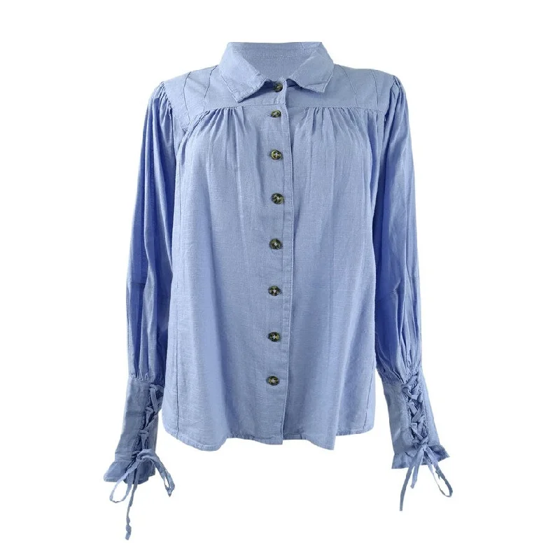 Leather-Paneled ShirtsFree People Women's Kiss Kiss Laced Cuff Blouse (S, Lupine Meadow)