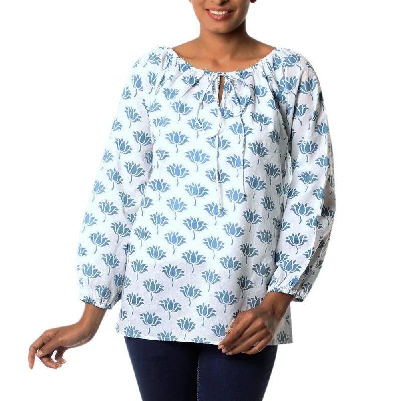 Flannel ShirtsHandmade Cotton 'Blue Lotus' Blouse (India)