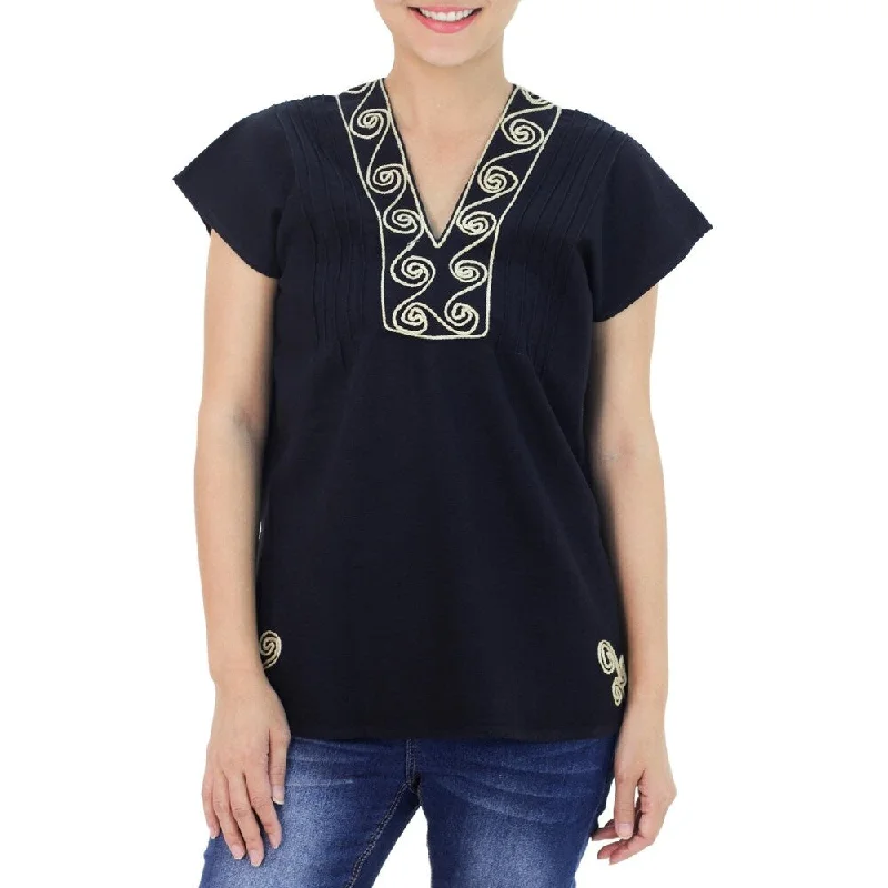 Organic Cotton ShirtsHandmade Cotton 'Ebony Melody' Blouse (Thailand)