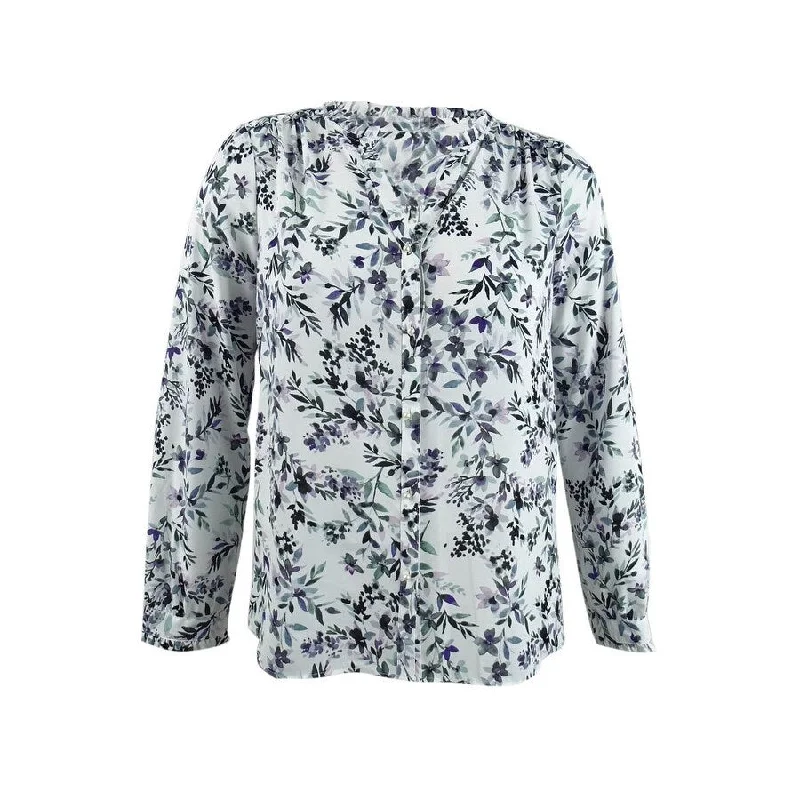 Sequined ShirtsKarl Lagerfeld Paris Women's Floral-Print Button-Down Blouse (XXS, White Multi)