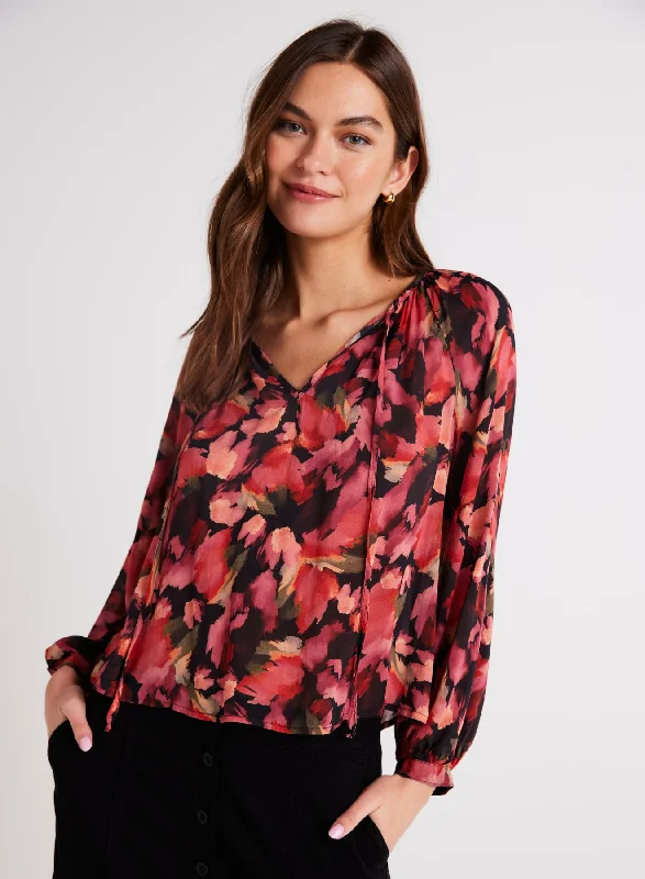 Sheer ShirtsAUTUMN BLOOM SHIRRED RAGLEN TIE FRONT BLOUSE