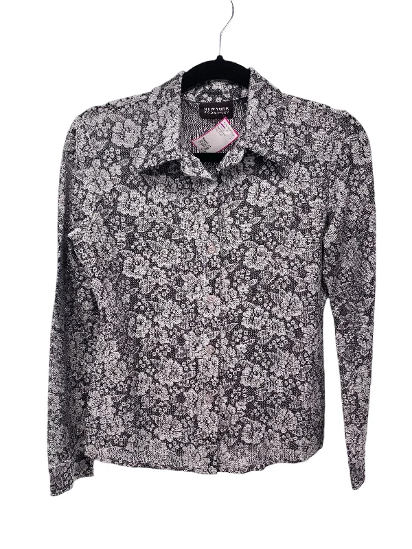 Button-Down ShirtsNew York & CO Misses Size Medium Grey Floral LS Blouse