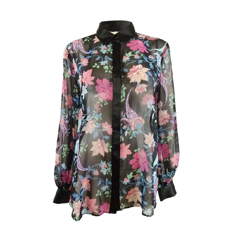 Ruffled ShirtsRachel Zoe Women's Denver Sheer Floral Print Blouse (M, Black Multi)