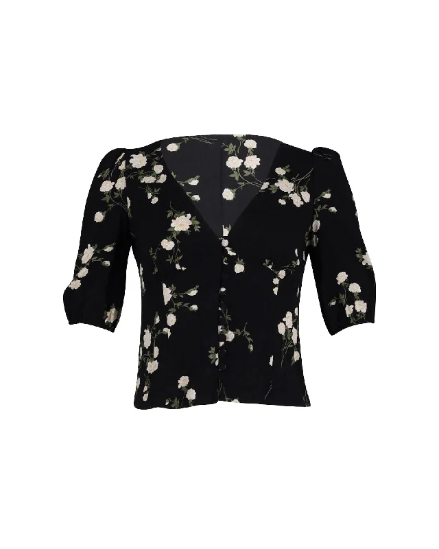 Wrap ShirtsReformation Puff Sleeve Floral-Print Blouse in Black Cotton