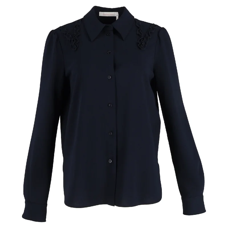 Fringed ShirtsSee by Chloé Frill Detail Blouse in Navy Blue Polyester