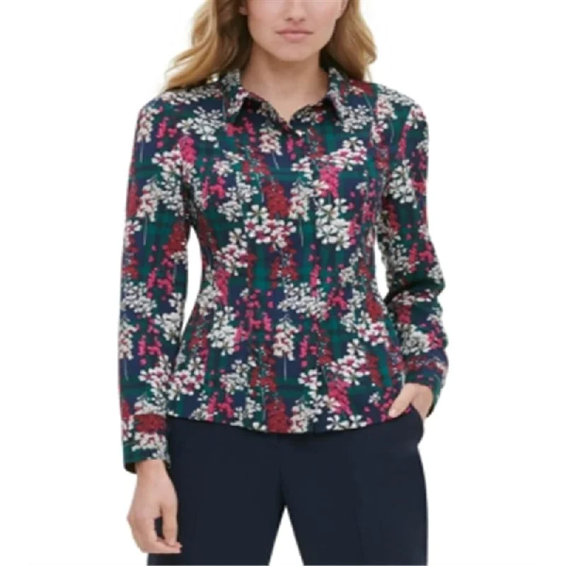 Logo ShirtsTommy Hilfiger Women's Floral-Plaid Button-up Blouse Blue Size Medium