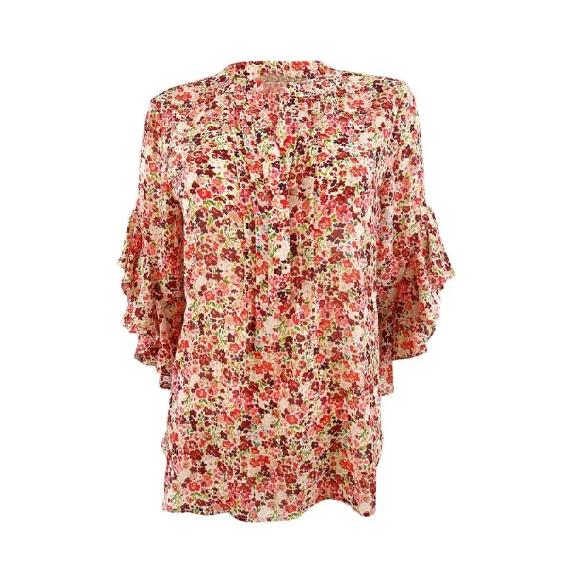 Dress ShirtsVince Camuto Women's Floral-Print Flutter-Sleeve Blouse (XS, Ivory Multi)