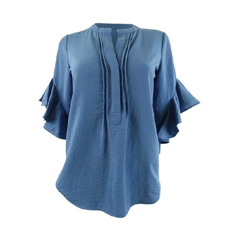 Luxury ShirtsVince Camuto Women's Flutter Sleeve Matte Rumple Satin Blouse (XXS, Steel Blue)