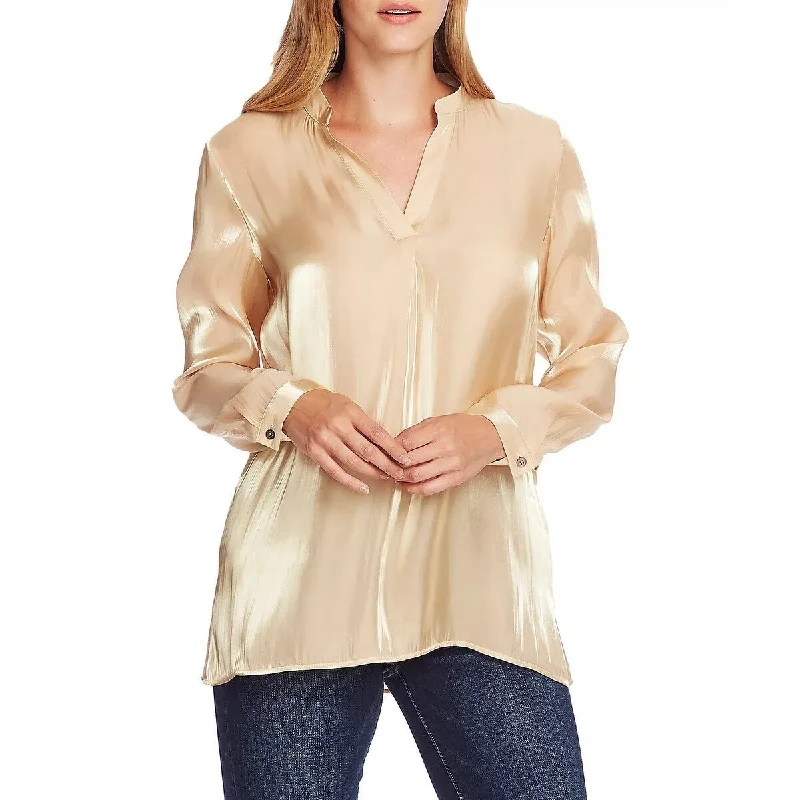 Band Merch ShirtsVince Camuto Women's Iridescent Georgette Henley Blouse Beige Size Medium