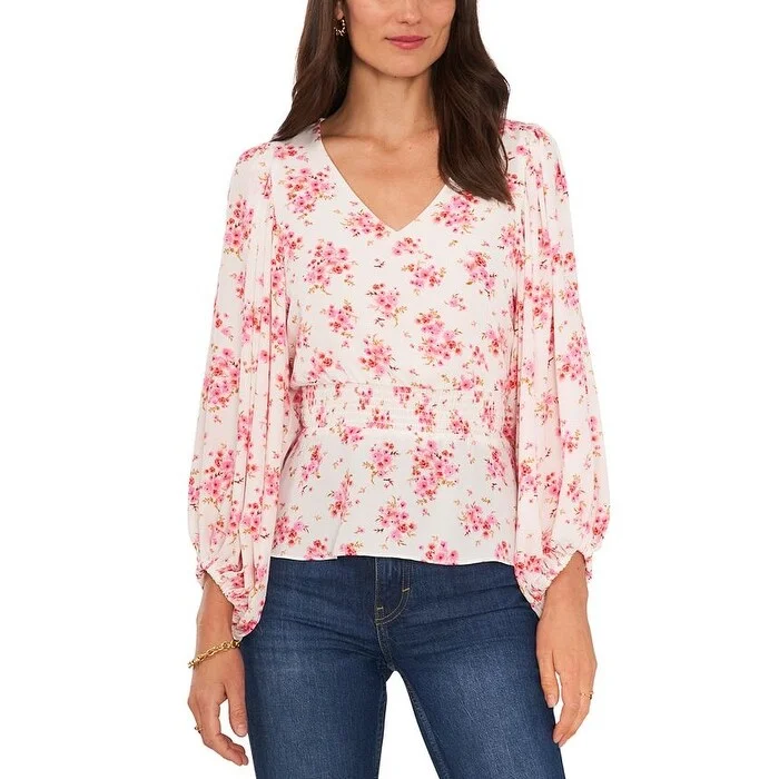 Sports Team ShirtsVince Camuto Women's Romantic Bloom Smocked Peplum Blouse Pink Size Small