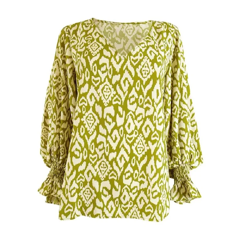 Cycling ShirtsVince Camuto Women's Smocked Cuff Etched Geo Blouse (M, Avocado)