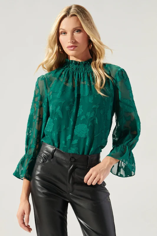 Leather-Paneled ShirtsZola Floral Burnout Mock Neck Blouse