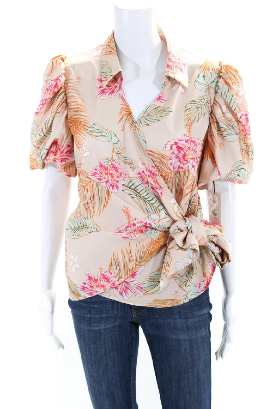 Gym ShirtsAdeam Womens Crepe Floral Wrap Style Collared Monstera Blouse Top Peach