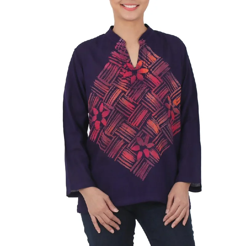 Button-Up ShirtsHandmade Cotton 'Woven Blossom' Batik Blouse (Thailand)