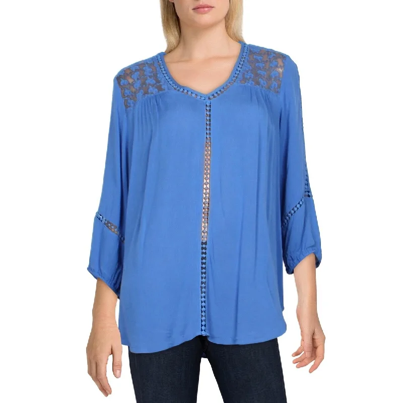 Glitter ShirtsJohn Paul Richard Women's Lace Trim Blouse Blue Size Large