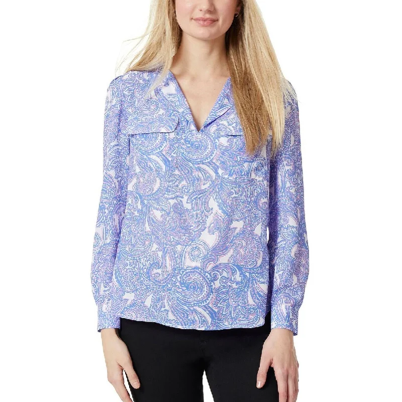 Hiking ShirtsJones New York Women's Paisley Crepe De Chine Utility Blouse Blue Size Medium