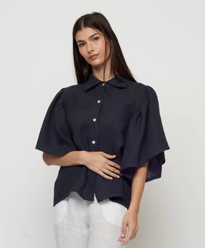 Asymmetrical ShirtsRUFFLE SLEEVE LINEN BLOUSE