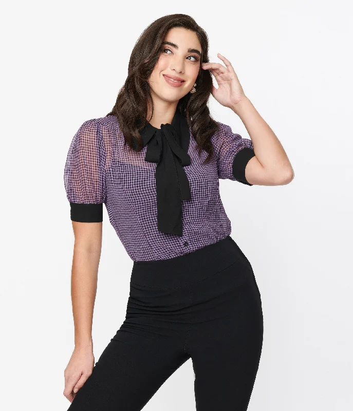 Lace-Up ShirtsVoodoo Vixen Black & Purple Gingham Neck Tie Blouse