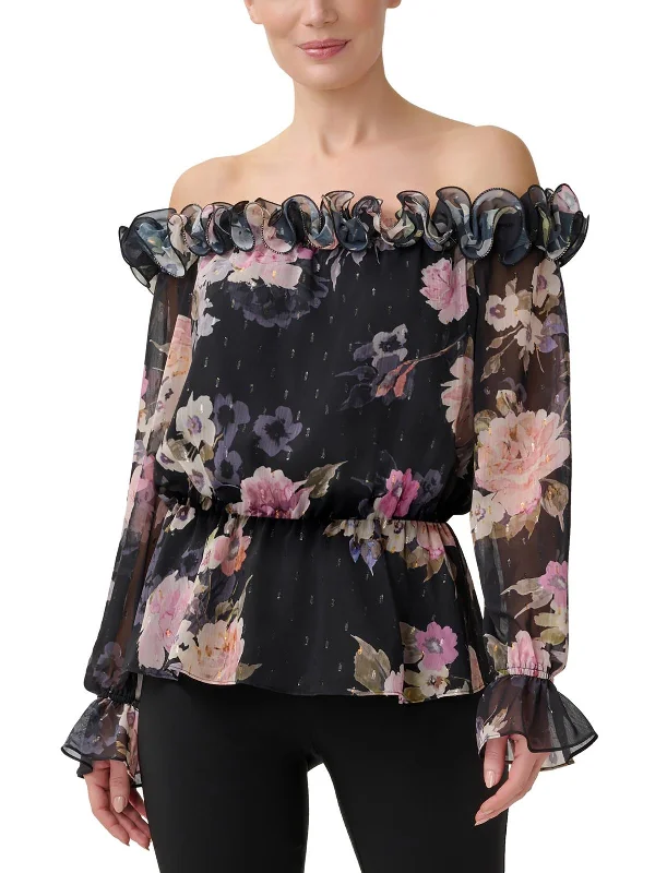 Pocket ShirtsWomens Metallic Ruffled Blouse