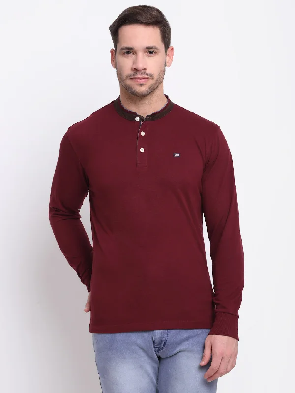 Men Band Collar Full Sleeves Winter Wear Maroon T-ShirtWaterproof Jackets