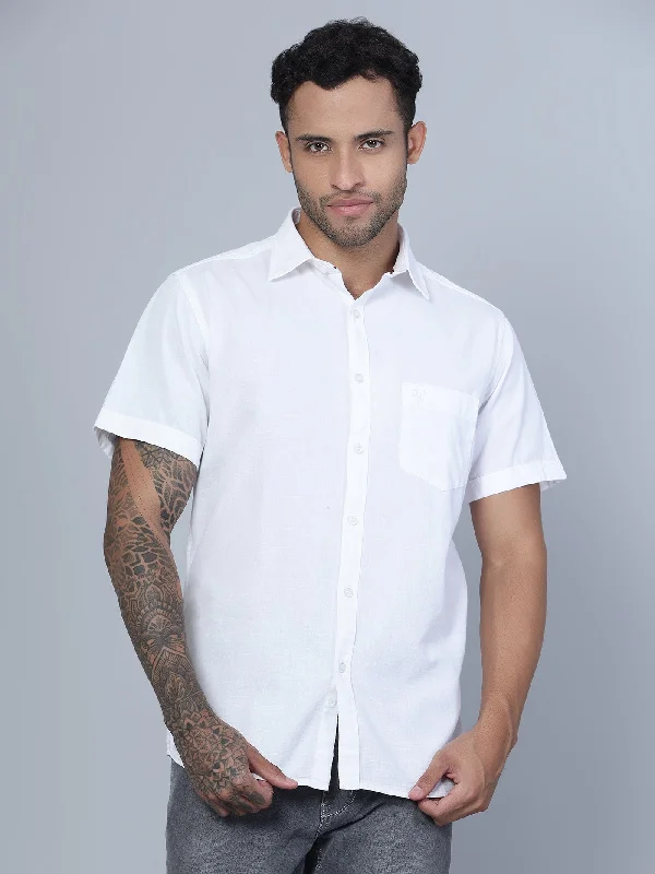 Men's White Casual Plain Half Sleeve ShirtLogo Jackets