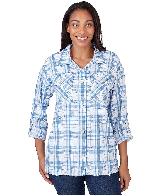 Ruby Road Blue Horizon Button Front Plaid Crepe Shirt JacketSequined Jackets