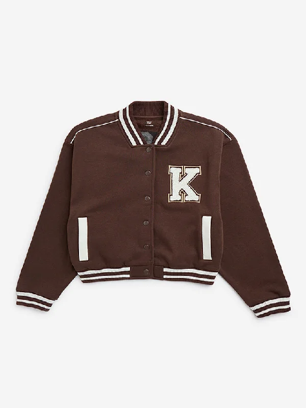 Y&F Kids Brown Applique-Detailed Varsity JacketLayered Jackets