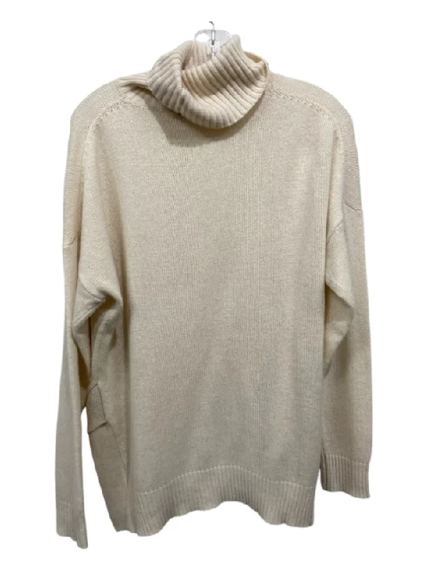 360 Cashmere Size S Cream Cashmere Turtle Neck Side Slits Ribbed Trim SweaterSheer Knit Tops