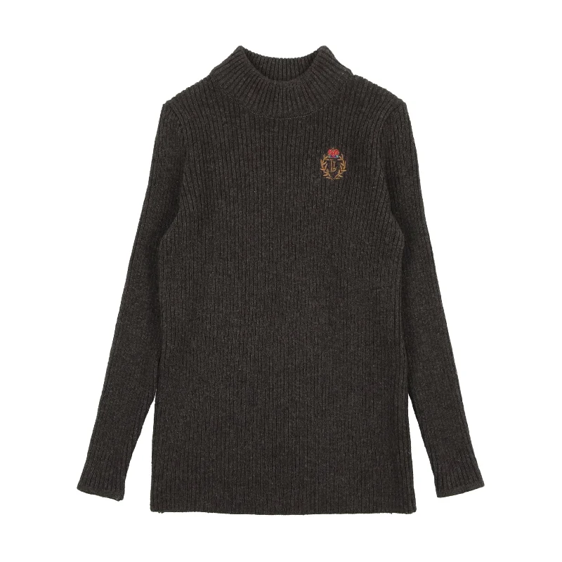 Analogie By Lil Legs Crest Knit Mockneck GreyFringed Knit Tops