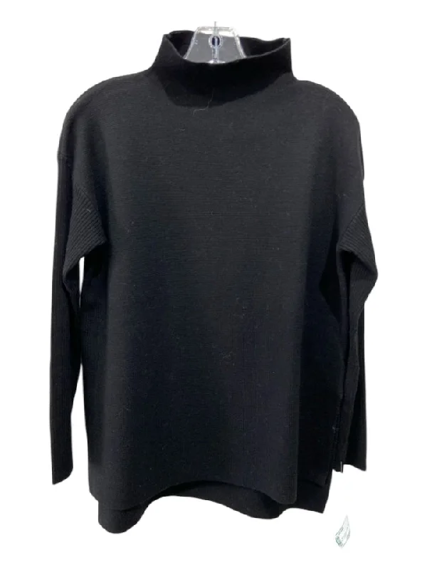 Ann Mashburn Size M Black Wool Side Slits Mock Neck Long Sleeve SweaterLayered Knit Tops