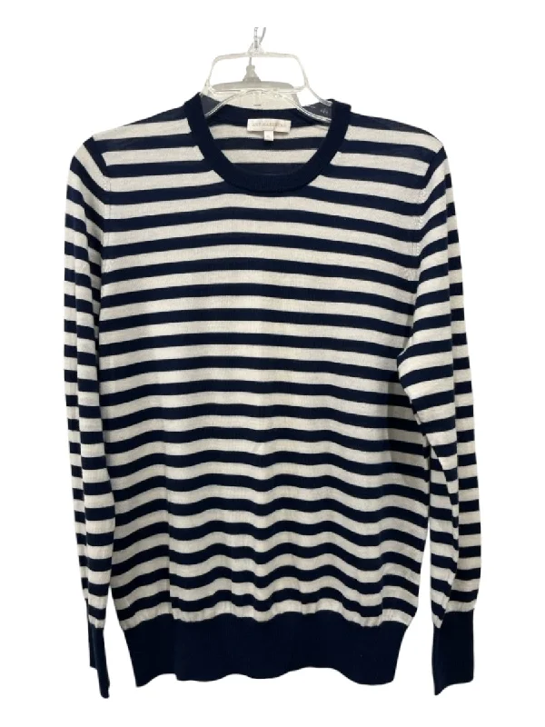 Ann Mashburn Size XL White & Navy Cashmere Striped Crew SweaterCrewneck Knit Tops